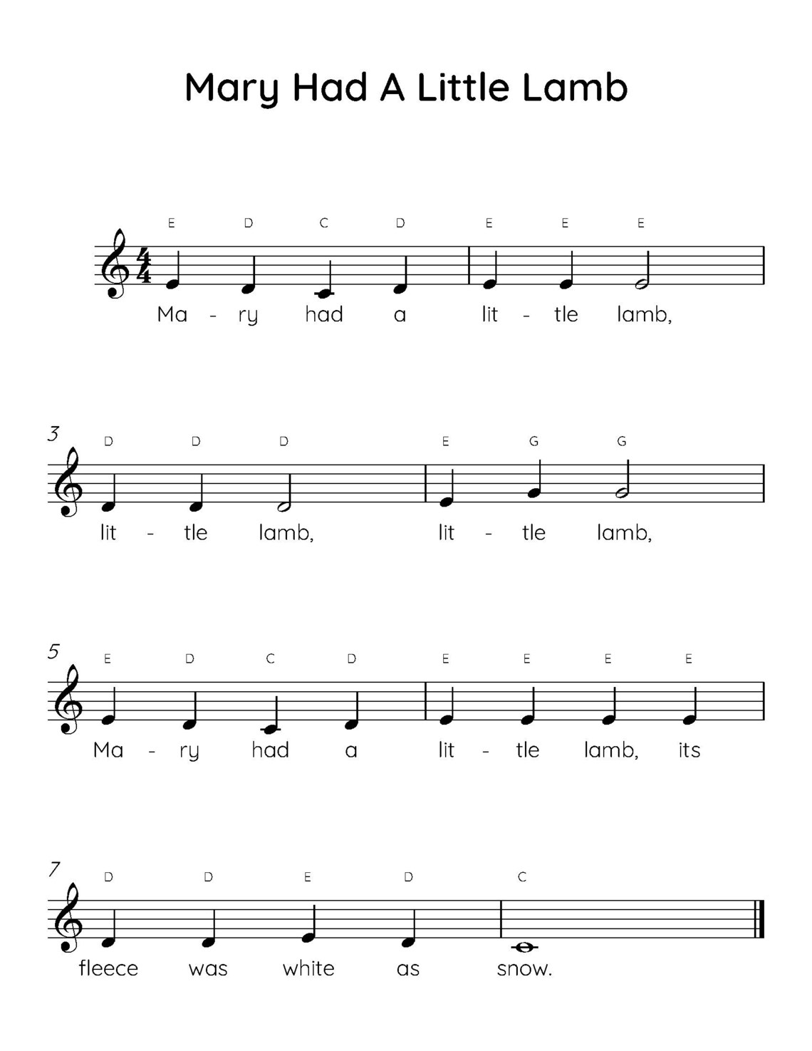 Mary Had A Little Lamb Easy Piano Sheet Music digital Download Kids 