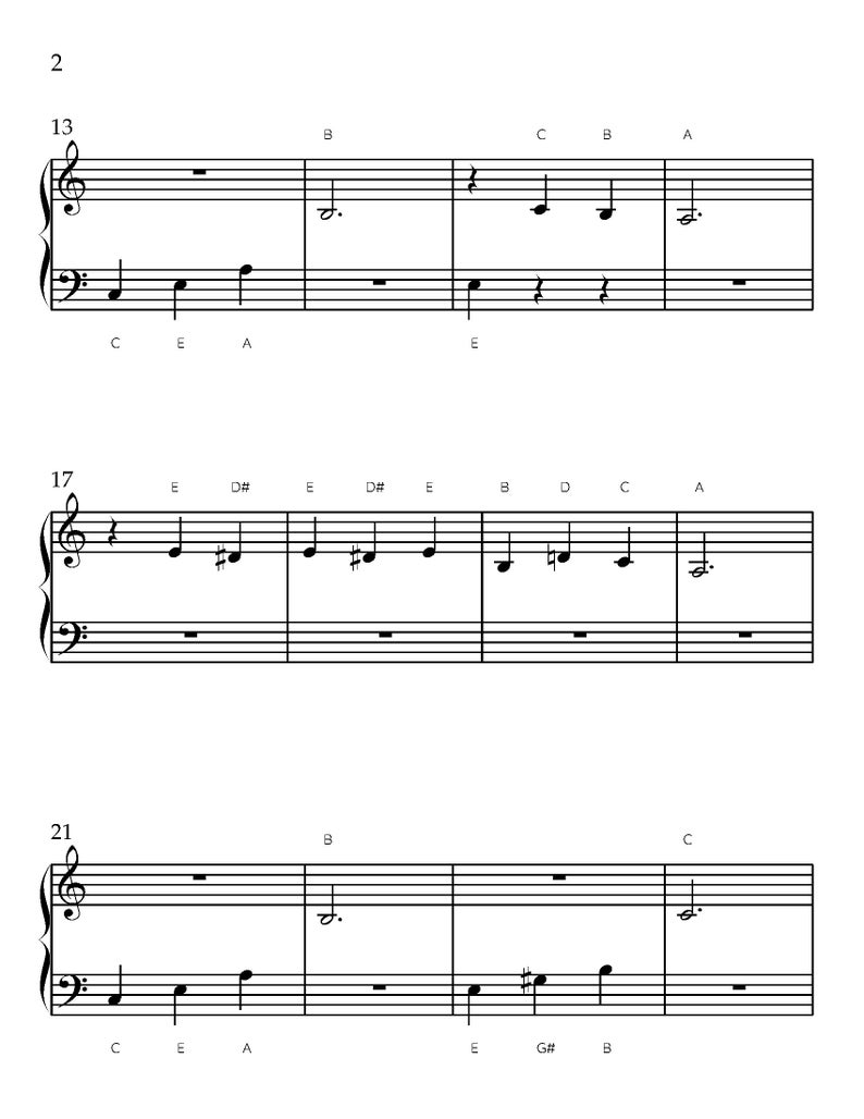 May include: A black and white musical score with treble and bass clefs. The notes are arranged on staves, with letter notations below each measure. The score includes the numbers 2, 13, 17, and 21.