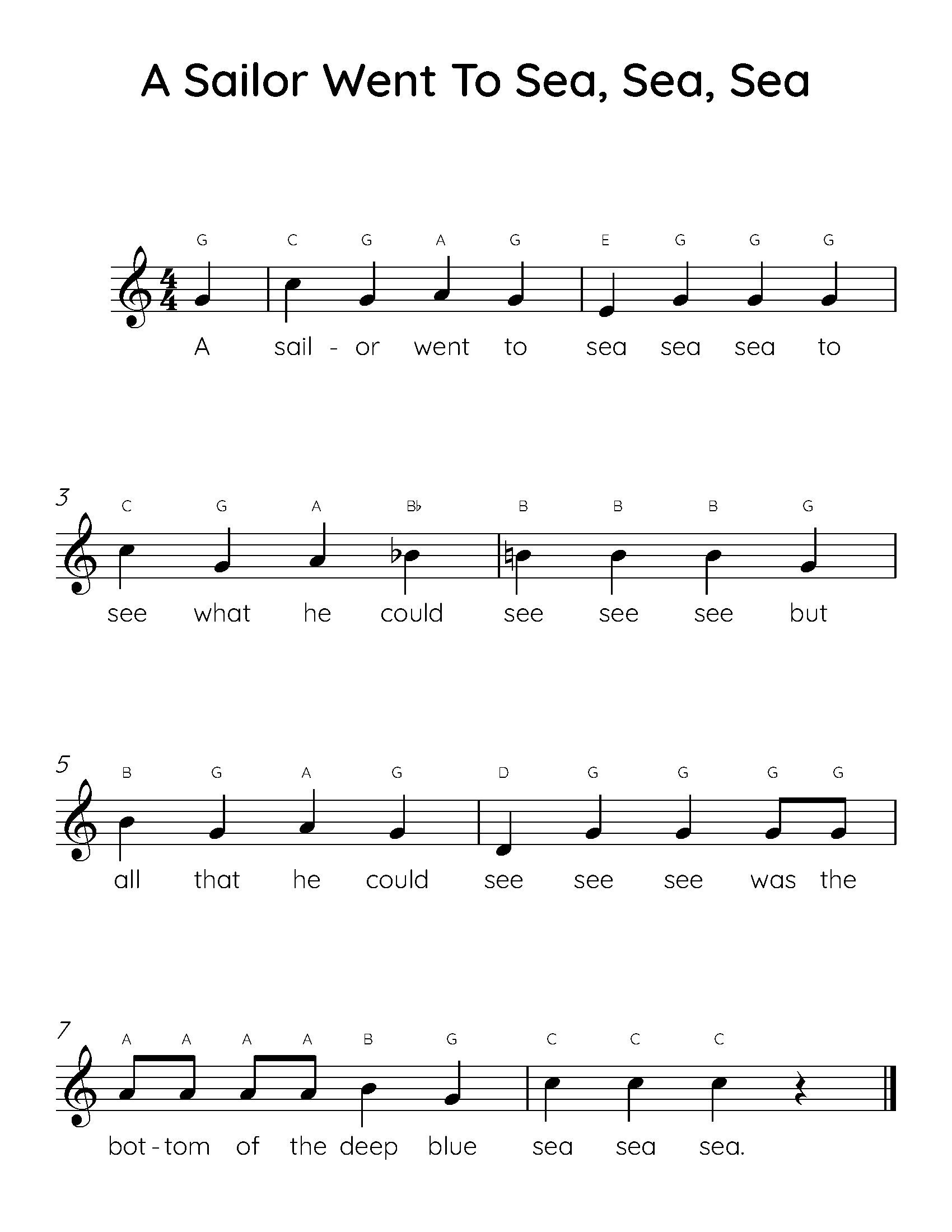 A Sailor Went to Sea Sea Sea Easy Piano Sheet Music, Digital