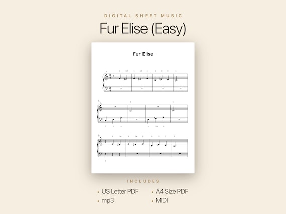 Fur Elise – Easy Beginner Piano Sheet Music | PDF + MP3 + MIDI | Beethoven | Instant Digital Download