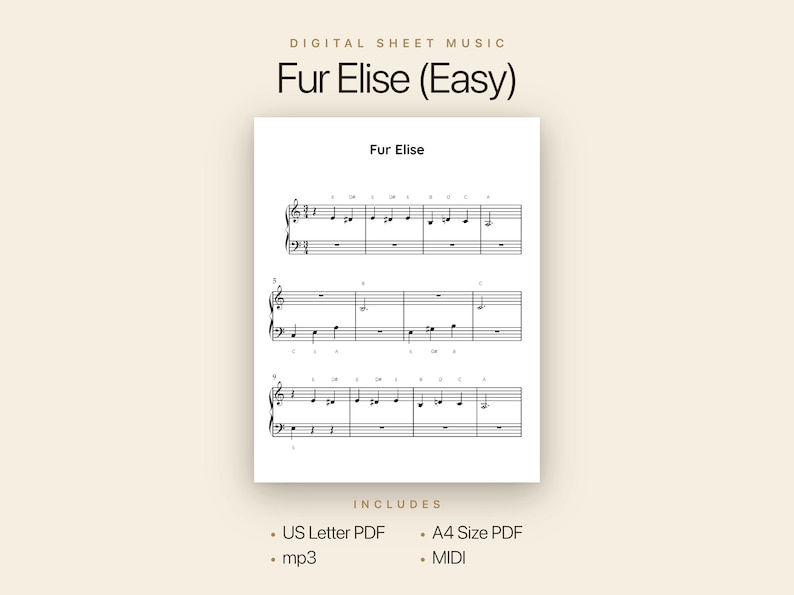 May include: Sheet music for "Fur Elise (Easy)" is displayed on a white page. The title is at the top, with musical notes and staff lines below. The image includes the text "US Letter PDF", "A4 Size PDF", "mp3", and "MIDI".