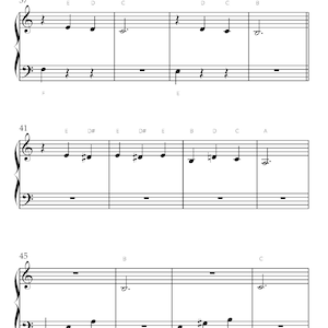 May include: Sheet music with treble and bass clefs, featuring musical notes on staves. The notes include E, D, C, and B, with sharp and natural symbols. The numbers 37, 41, and 45 are visible at the beginning of each musical phrase.