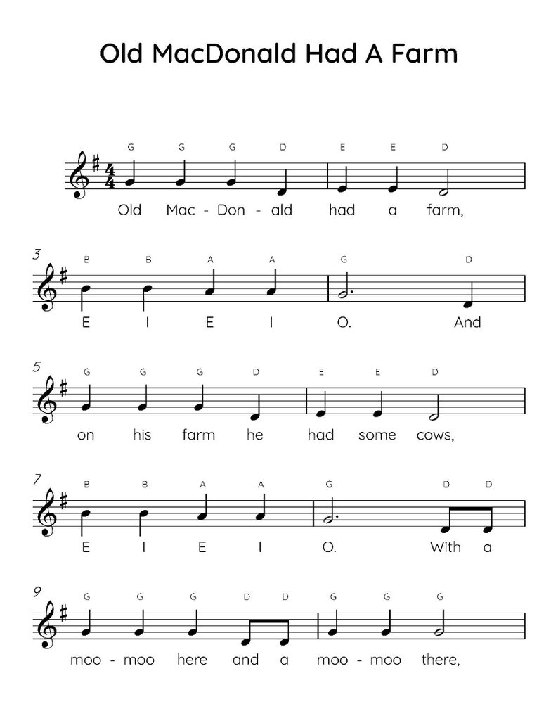 "Old MacDonald Had A Farm" easy piano sheet music with letters and lyrics is perfect for beginner piano players.