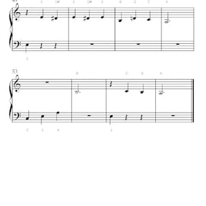 May include: A musical score with treble and bass clefs. The notes are written on five lines, with the letters E, D#, B, D, C, and A above the notes. The number 5 is in the upper right corner.