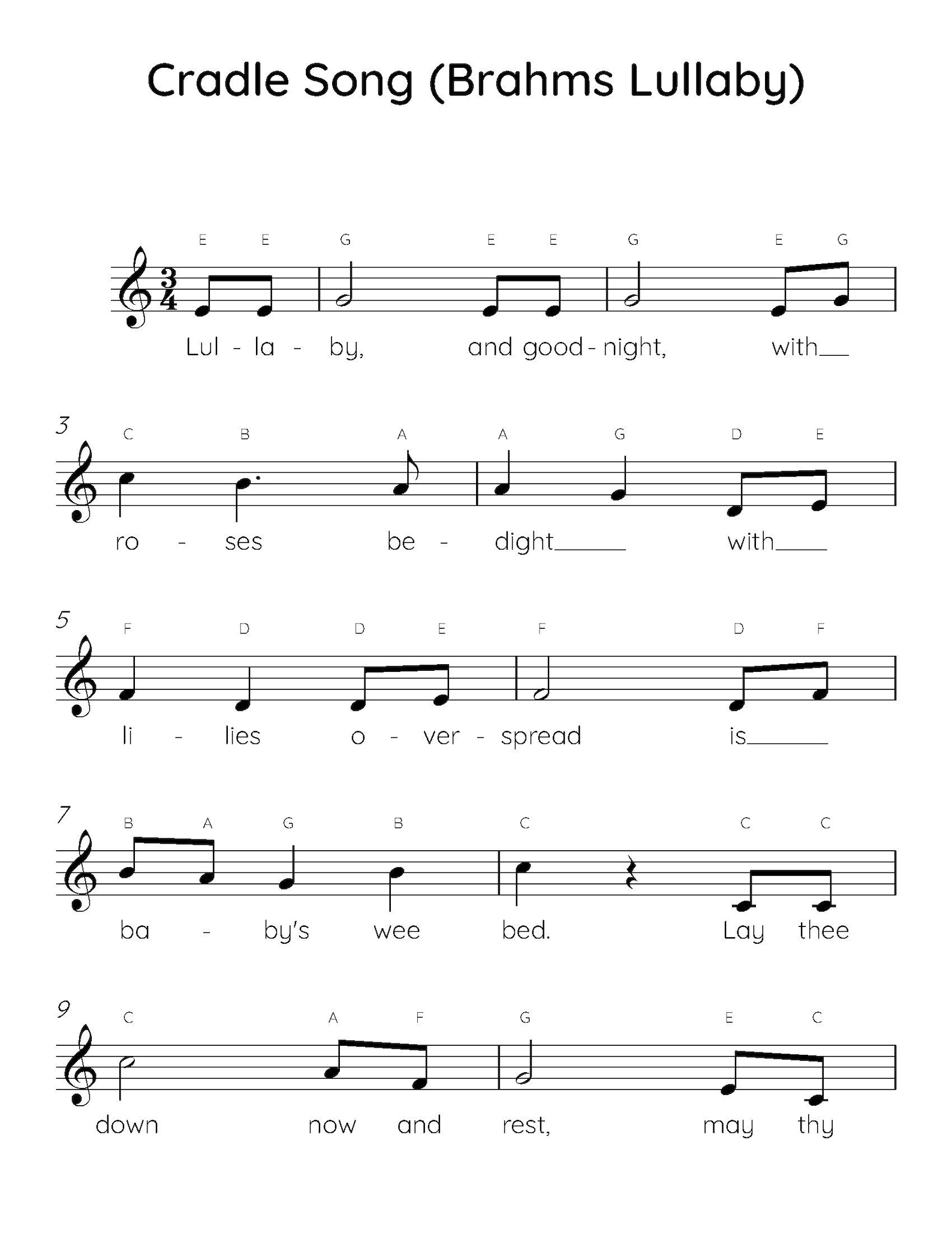 Cradle Song brahms Lullaby Easy Piano Sheet Music, Digital Downloadable