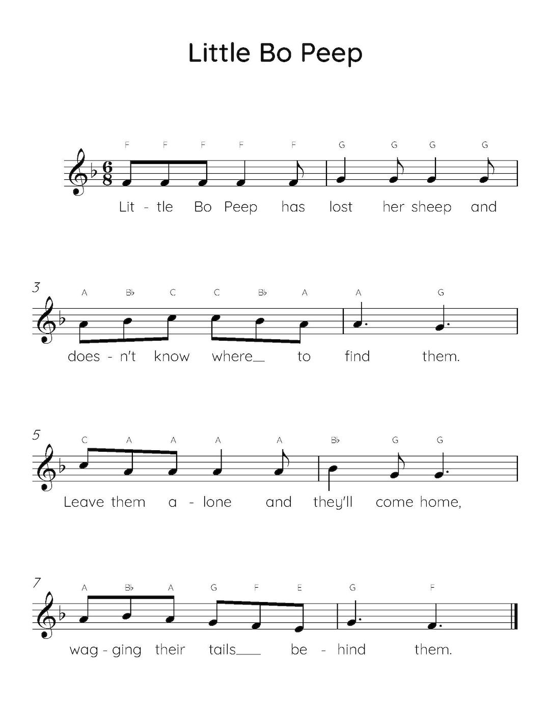 Little Bo Peep Easy Piano Sheet Music, Digital Downloadable Musical Sheets, Kids Beginner Songs ...