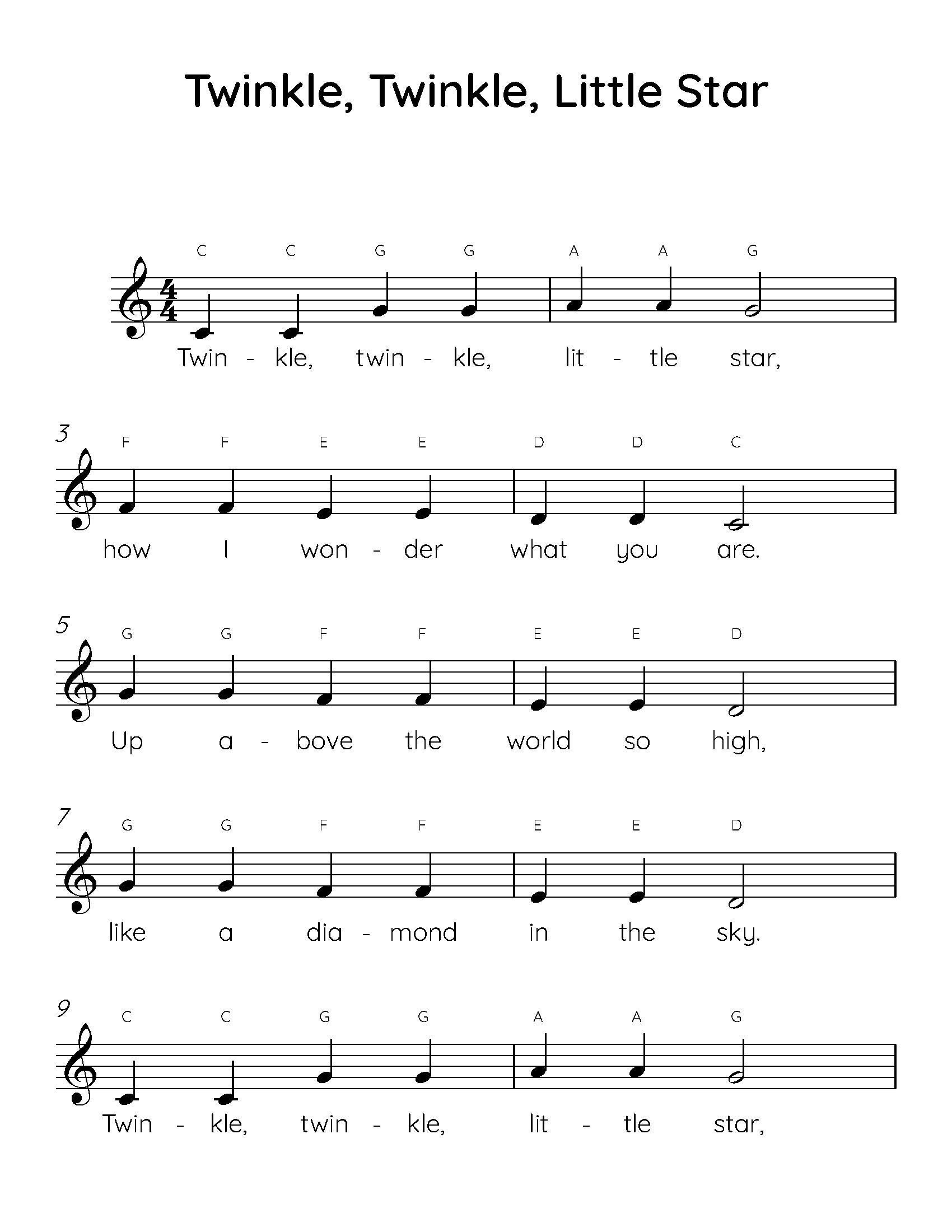 Twinkle Twinkle Little Star Easy Piano Sheet Music digital Download 