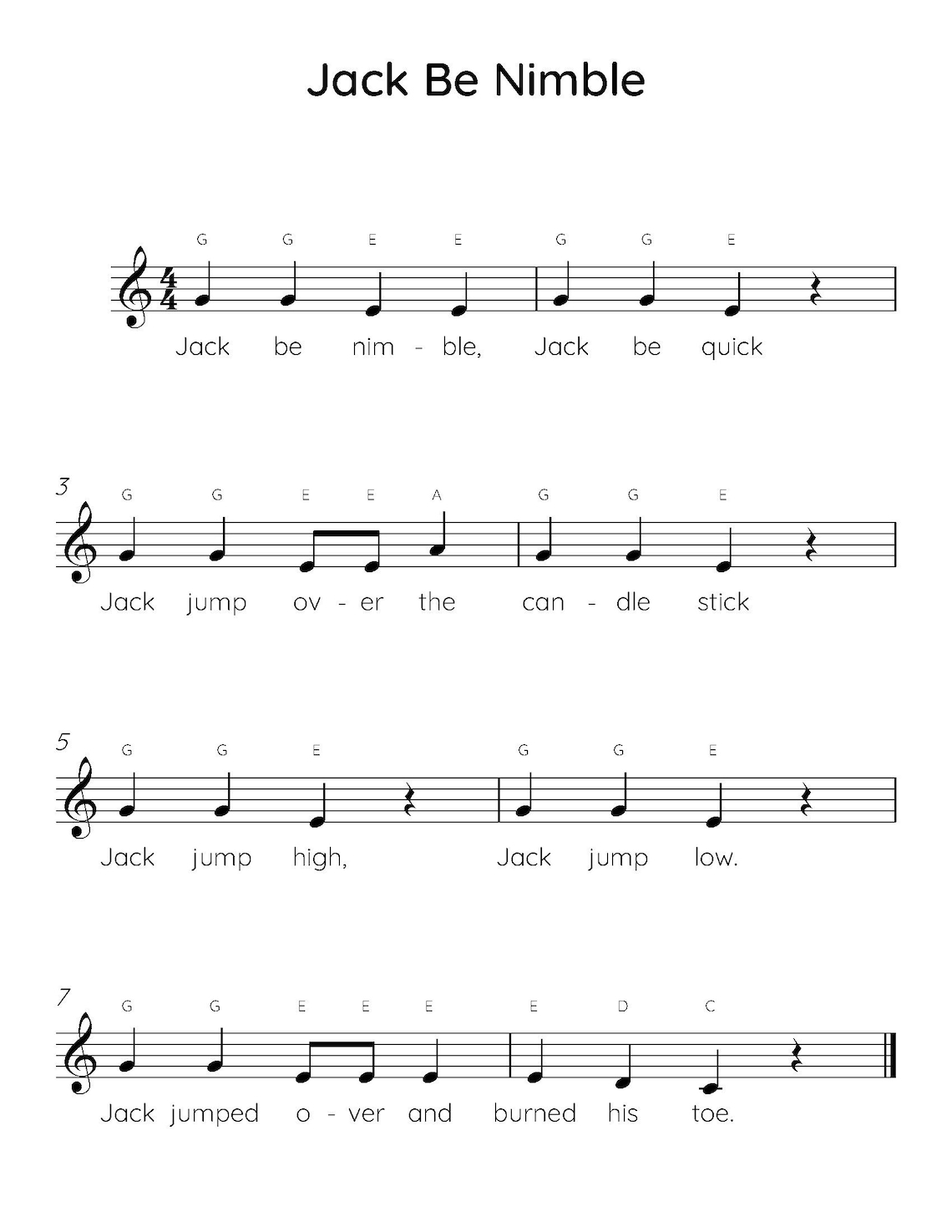 Jack Be Nimble Easy Piano Sheet Music Etsy