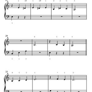 May include: Sheet music with treble and bass clefs. The musical notation includes notes, rests, and letter names for each note. The music is written in black ink on a white background. The numbers 25, 29, and 33 are visible.