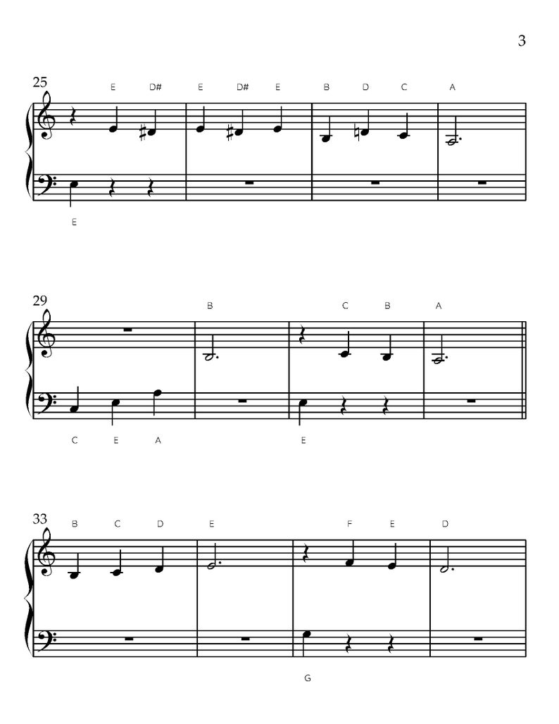 May include: Sheet music with treble and bass clefs. The musical notation includes notes, rests, and letter names for each note. The music is written in black ink on a white background. The numbers 25, 29, and 33 are visible.