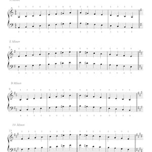 May include: Sheet music displaying harmonic minor scales for piano. The musical notation includes scales in A Minor, E Minor, B Minor, and F# Minor. The title "Harmonic Minor Scales" is at the top.