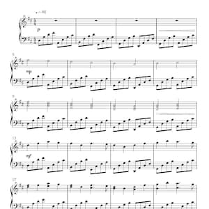 Op de afbeelding: Een bladmuziek voor Canon In D van Johann Pachelbel, met zwarte muzieknotatie op een witte achtergrond. Het document toont een groot notenbalksysteem met viool- en bassleutels, inclusief tempomarkeringen, dynamische aanduidingen en maten.