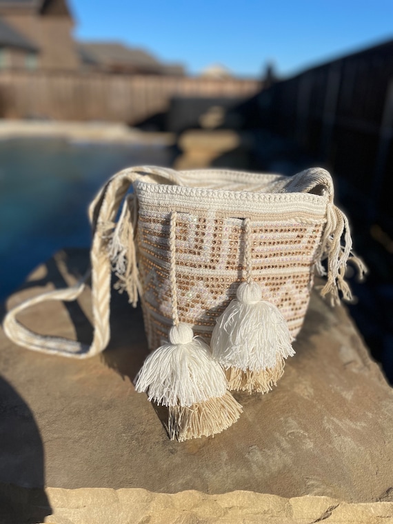 Bolso Wayuu Mar Bolso de ganchillo hecho a mano pedreria Mochila Wayuu Bandolera de ganchillo Bolso cubo de ganchillo Bolso Wayuu mediano Etsy Mexico