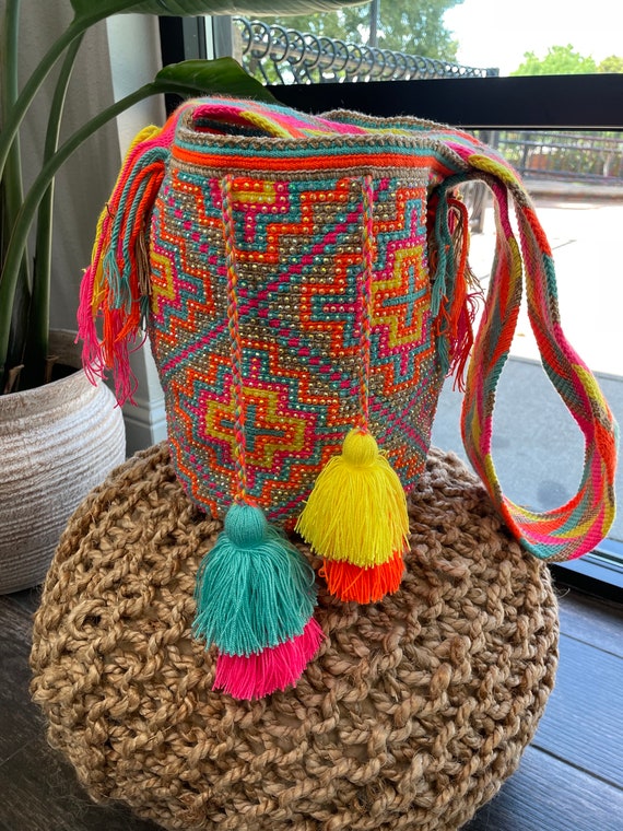 Sunny Days Large Wayuu Bag Handmade Crochet Bag Rhinestones
