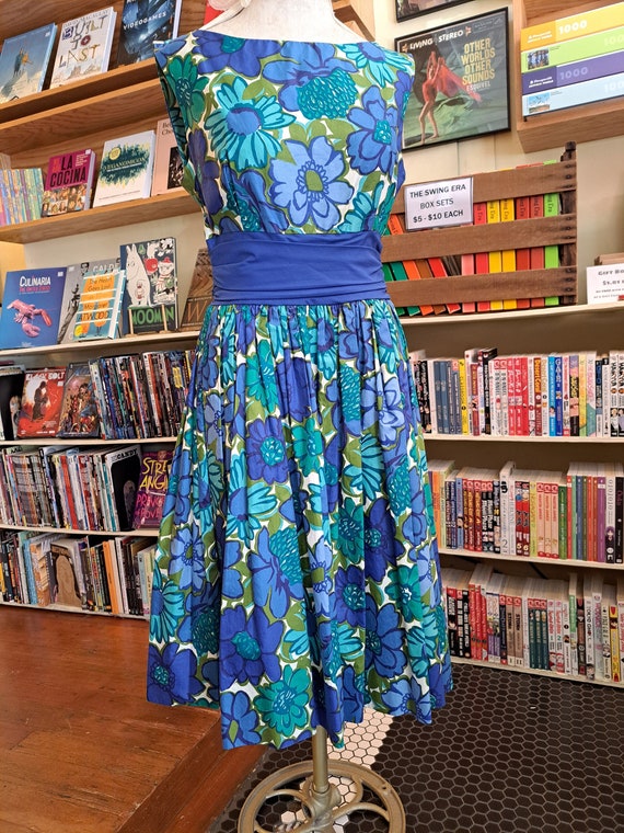 Vintage 1950s Teal and Blue Floral Dress with Wais