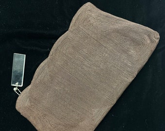 Vintage 1940s Chocolate Brown Corde Clutch Handbag with Clear Lucite Zipper Pull