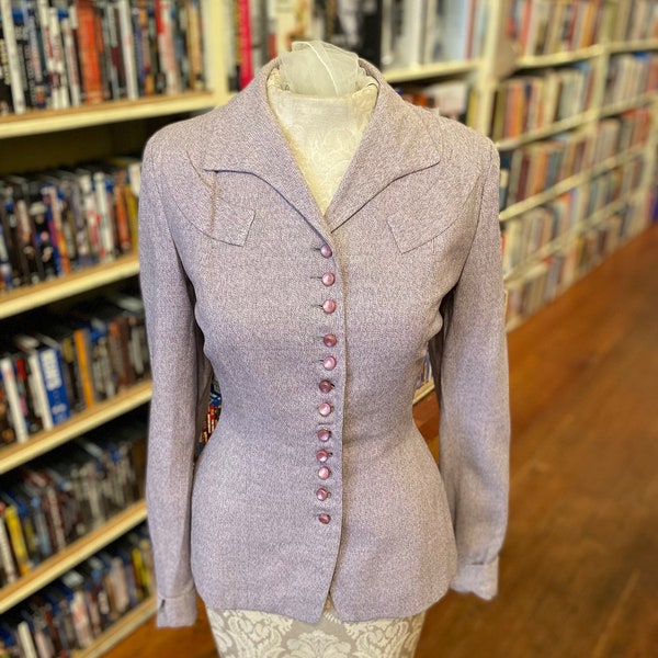 Vintage Early 1950s Textured Lavender Fitted Jacket, Beautifully Tailored w/ Shoulder Pads & Button Front | Size S/M