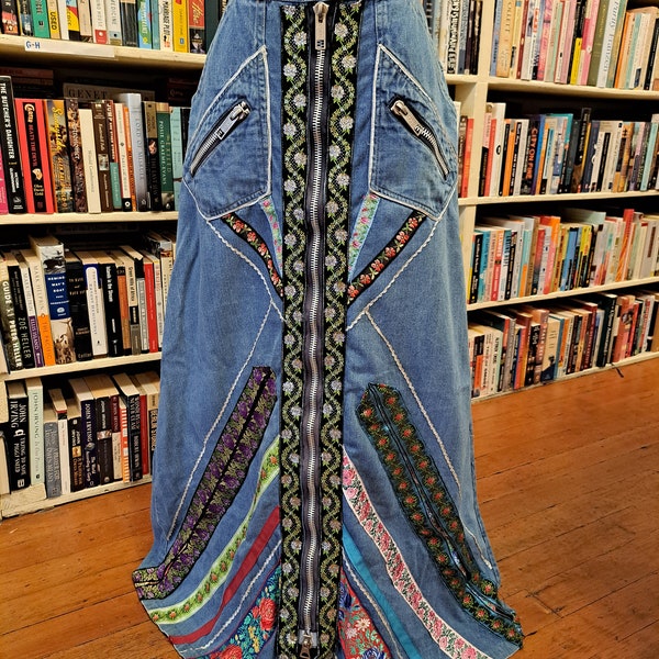 Vintage Funky San Francisco Skirt Works Denim Maxi Skirt with Giant Zippers and Ribbons | Size SM