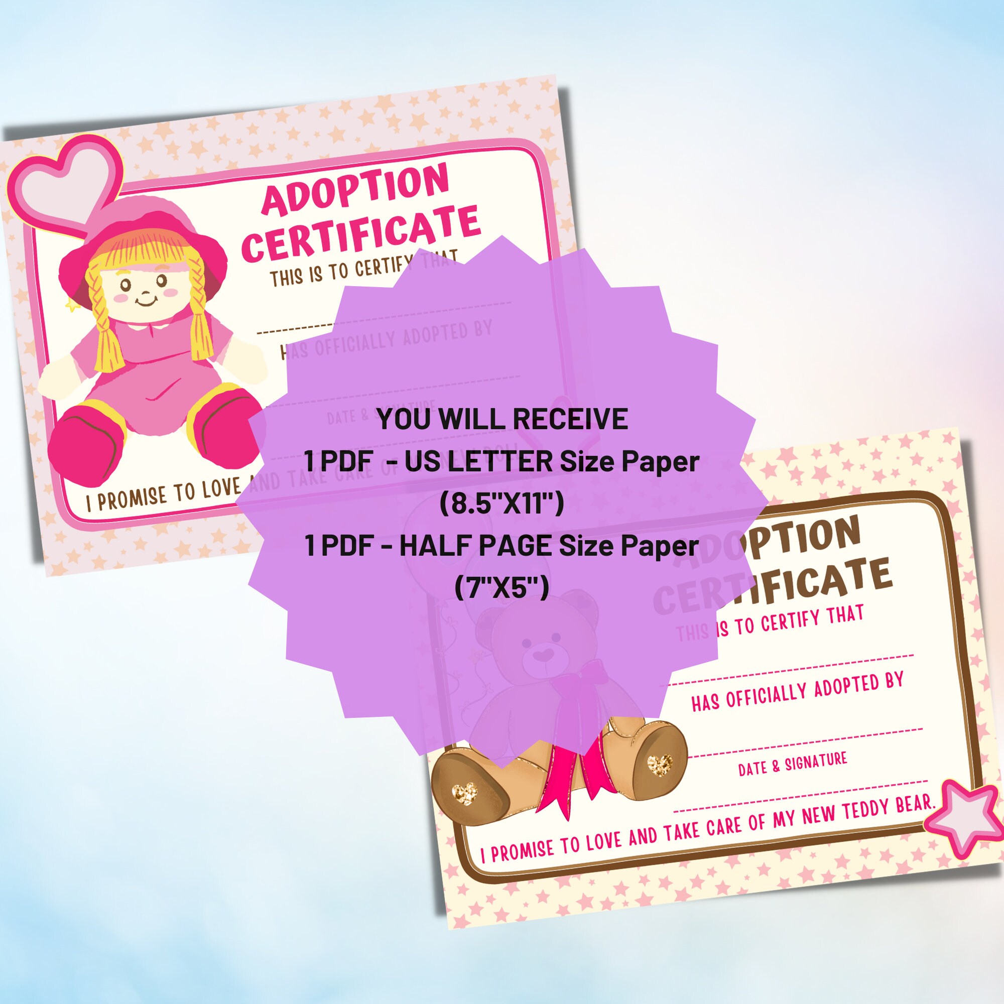 Doll &amp; Bear Adoption Certificate Set Printable, Baby Doll Certificate ...