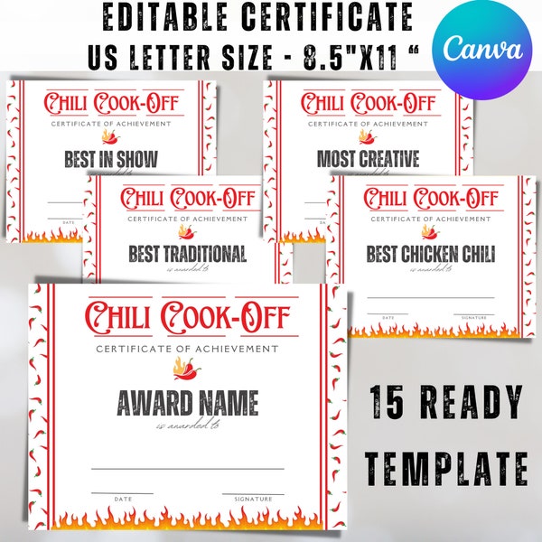 Editable Chili Cook Off Award Certificate Template, Chili Contest, Chili Champion, Competition Winner, Chili Potluck Award, Best Chili Award