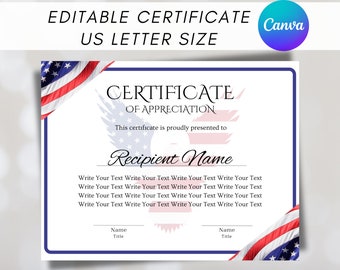 Plantilla editable de certificado de reconocimiento a la bandera estadounidense (descarga digital)