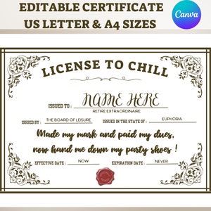 Licença para relaxar Certificado de aposentadoria editável, placa de aposentadoria personalizável para impressão, presente de festa de despedida engraçado e personalizado