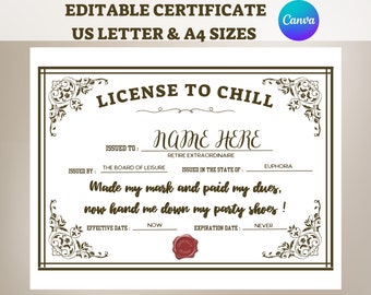 License to Chill Retirement Certificate Editable, Customizable Retirement Printable Sign, Personalized Custom Funny Farewell Party Gag Gift