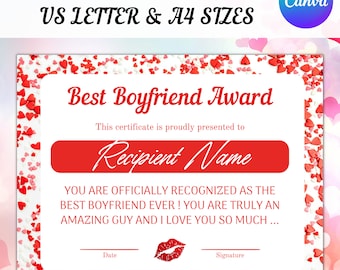 Boyfriend Award Certificate, Editable Valentine's Gift (Digital Download)