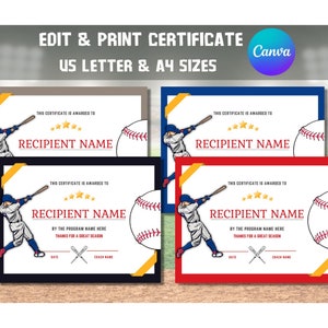 May include: Baseball certificates featuring a baseball player illustration, baseball, and star accents. The certificates have a white background with a coloured border and text that reads "EDIT & PRINT CERTIFICATE US LETTER & A4 SIZES".