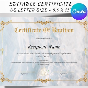 Plantilla de certificado de bautismo editable, certificado de bautismo con fondo de agua, certificado de bautismo de bebé personalizado, certificado de dedicación de la iglesia para el bautizo