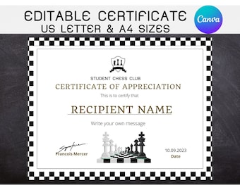 May include: A black and white chessboard certificate of appreciation with a gold border. The certificate is for the Student Chess Club and is dated 10.09.2023. The text "This is to certify that" is followed by a line for the recipient's name. The signature line reads "Francois Mercer".