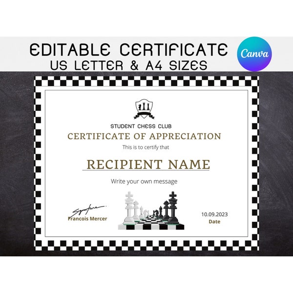 Editable Chess Tournament Award Certificate, Chess Appreciation Certificate Template, Winner Recognition, Achievement Participation PDF