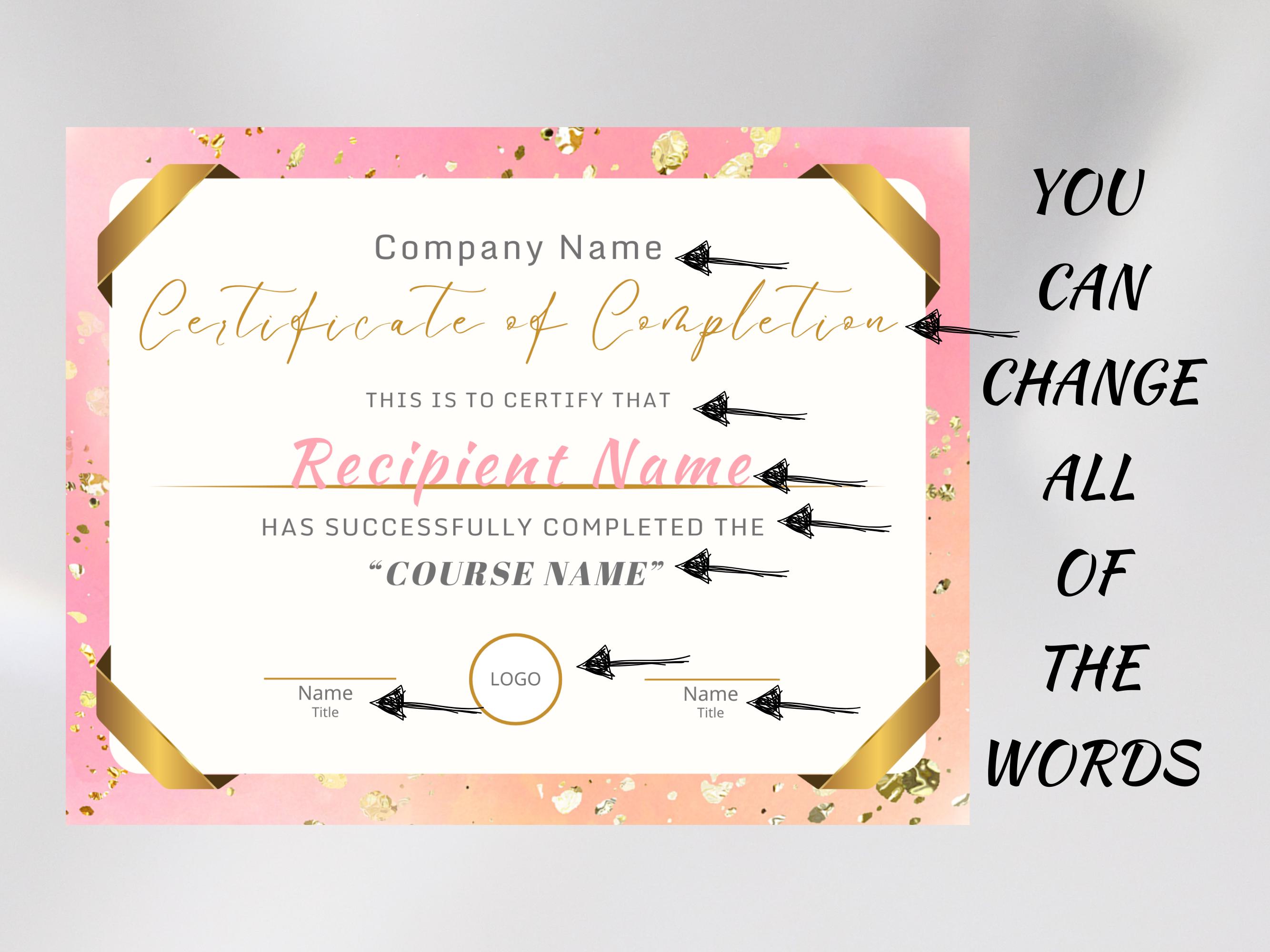 Editable Course Completion Ribbon Editable Course Completion Certificate Template, Pink & Gold (digital ...