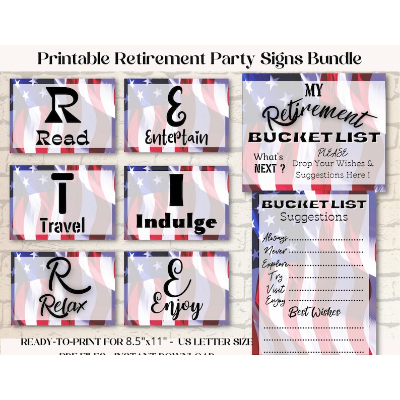 Patriotic Retirement Party Signs Printable Bundle, Retirement Bucket