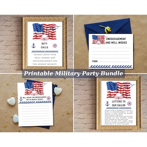 Paquete imprimible de fiesta militar de marineros, decoración náutica militar con la bandera de EE. UU., cartas para marineros, llamadas de deber, aliento para el capitán del ejército, JPG