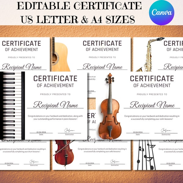 Music Instruments Achievement Award Certificate Bundle Editable, Personalized Music Awards, Honour Music Students, Musical School Graduation