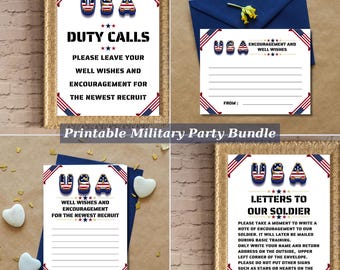 May include: A printable military party bundle with patriotic designs. Includes cards with the text "Duty Calls," "Encouragement and Well Wishes," and "Letters to Our Soldier." The designs incorporate the USA flag.