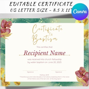 Plantilla de certificado de bautismo editable, certificado de bautismo imprimible con purpurina verde y dorada, certificado de bautismo de bebé personalizado, certificado de dedicación de la iglesia para el bautizo