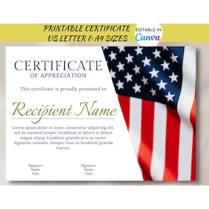 Editable American Flag Appreciation Certificate | USA Veteran&#39;s Certificate of Achievement Customizable Template | Blank Certificate Canva
