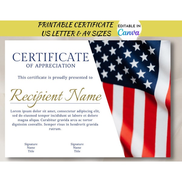 Editable American Flag Appreciation Certificate | USA Veteran's Certificate of Achievement Customizable Template | Blank Certificate Canva