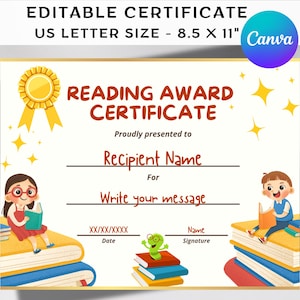 Reading Award Certificate Editable Template, Bookworm Recognition, Reading Star Achievement, Best Reader, Kids Homeschool Classroom Award