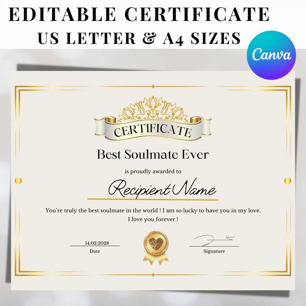 Editable Best Soulmate Ever Certificate, Canva Appreciation Award, Valentines Day Anniversary Gift Birthday Present, Greatest Wife Husband