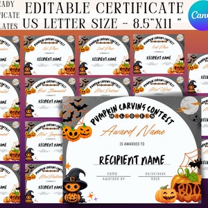 Editable Pumpkin Carving Contest Award Certificate, Halloween (digital ...