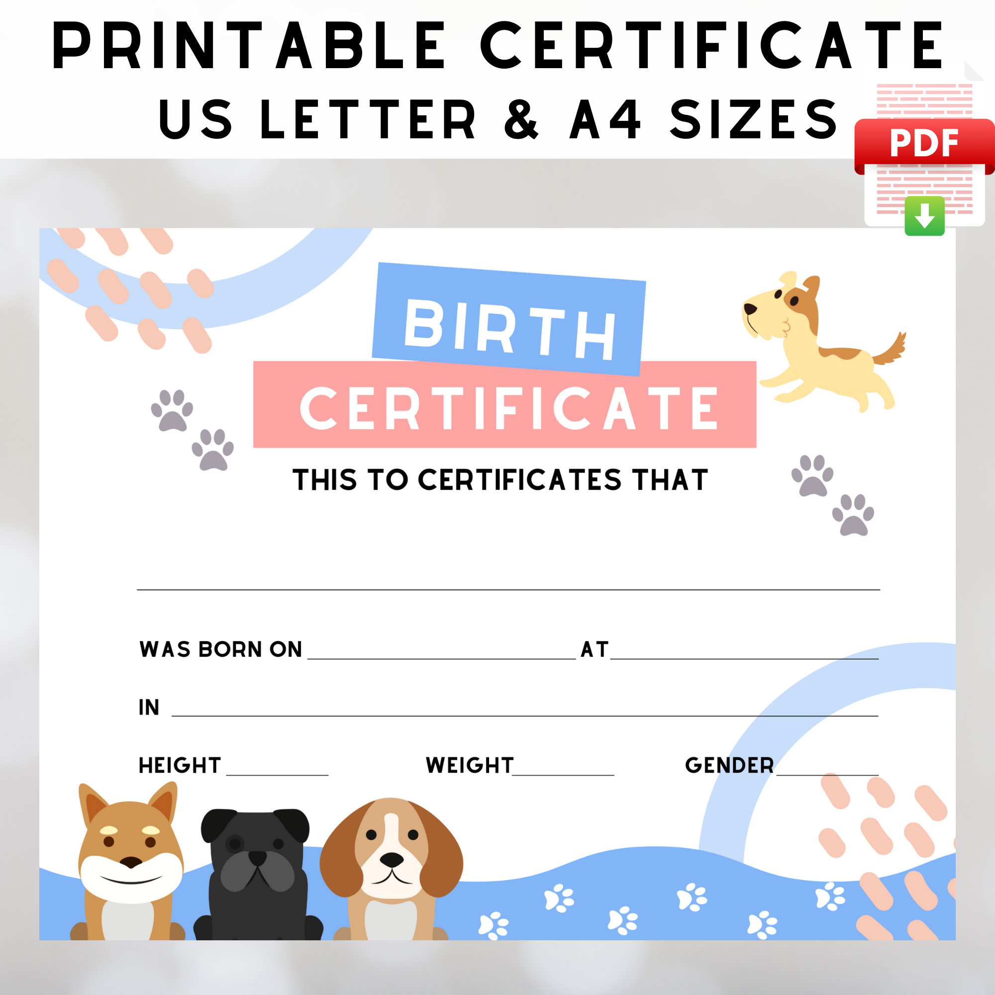 Printable Puppy Birth Certificate, Dog Certificate Template, Breeder ...