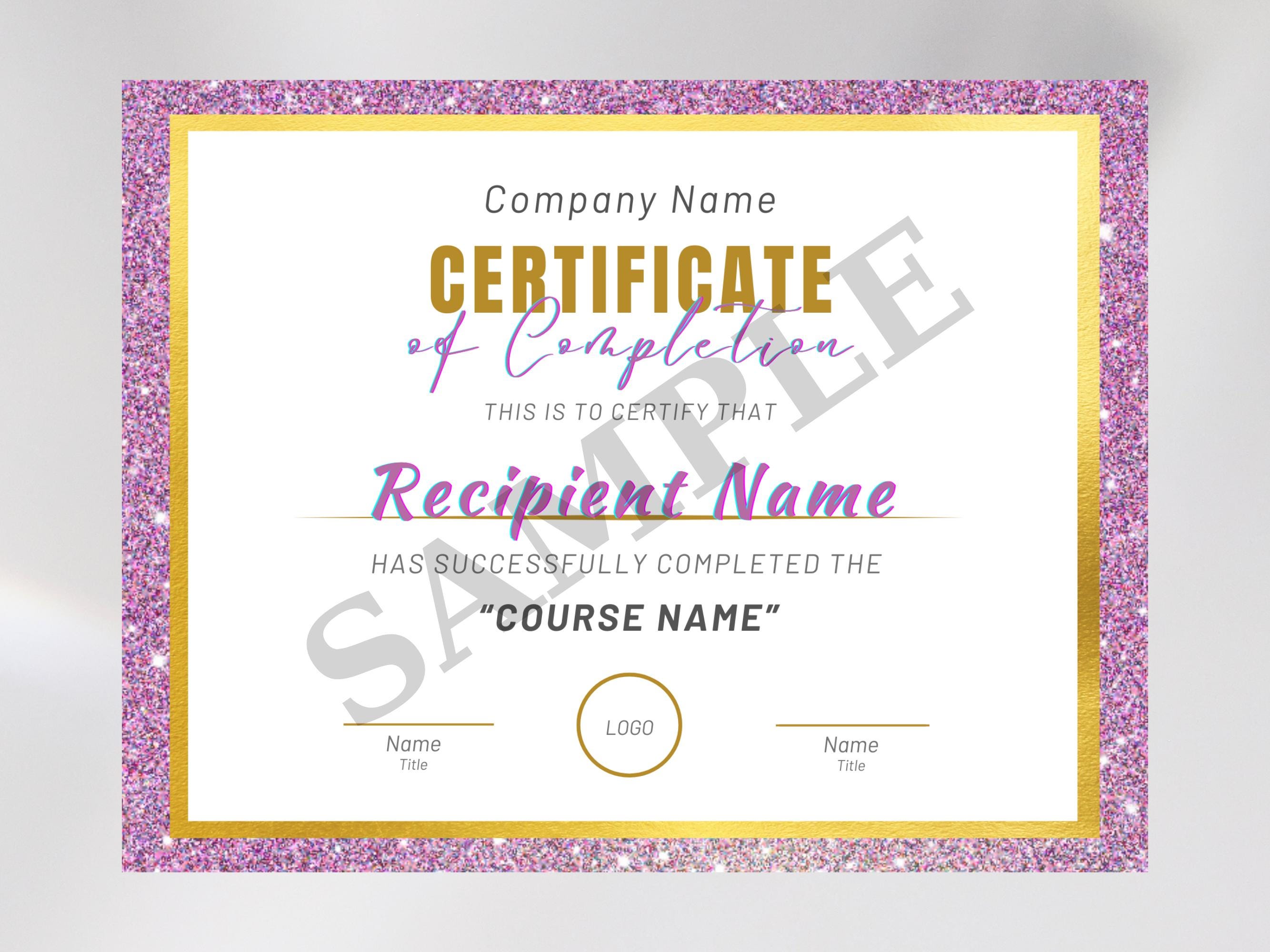 Editable Course Completion Ribbon Editable Course Completion Certificate Template, Pink & Gold Glitter ...
