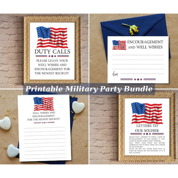 Printable Military Party Bundle | USA Flag Military Decor Pack | Letters to Soldier | Duty Calls Sign | Encouragement For American Recruit