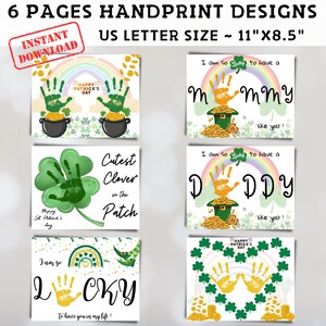 St Patrick&#39;s Handprint Art Craft, Printable Baby Keepsake, Happy St Patrick Day DIY Card, Preschool Activity, Leprechaun Pot Rainbow Clover