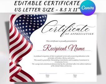 Certificado de reconocimiento a la bandera estadounidense / Premio para veteranos editable (Canva PDF)