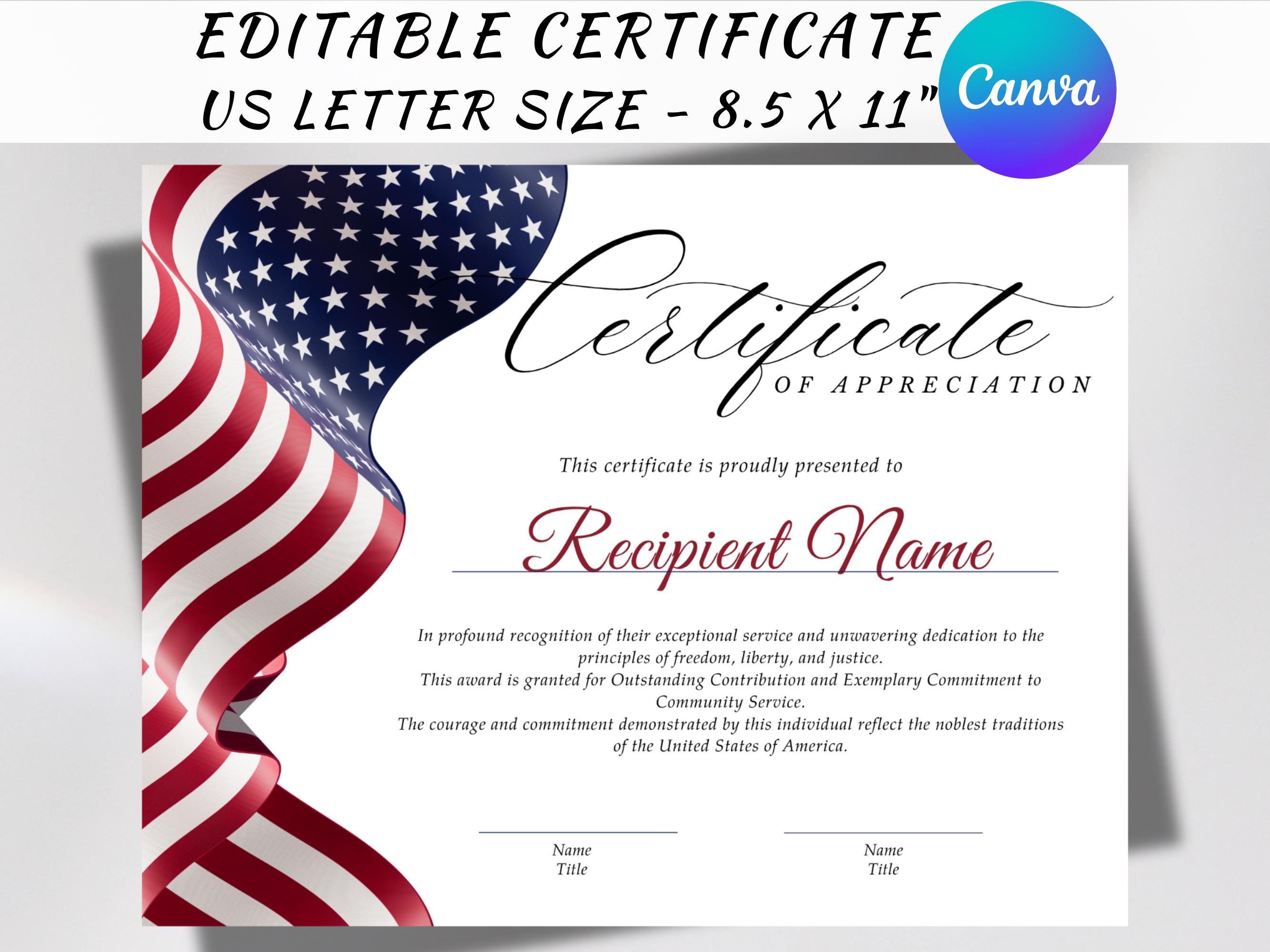 Printable Certificate Of Appreciation Editable Certificate Etsy