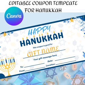 Modèle modifiable de coupon-cadeau Happy Hanoukka, certificat de bon d'achat surprise de Hanoucca, billet personnalisé de dernière minute imprimable pour Hanoucca